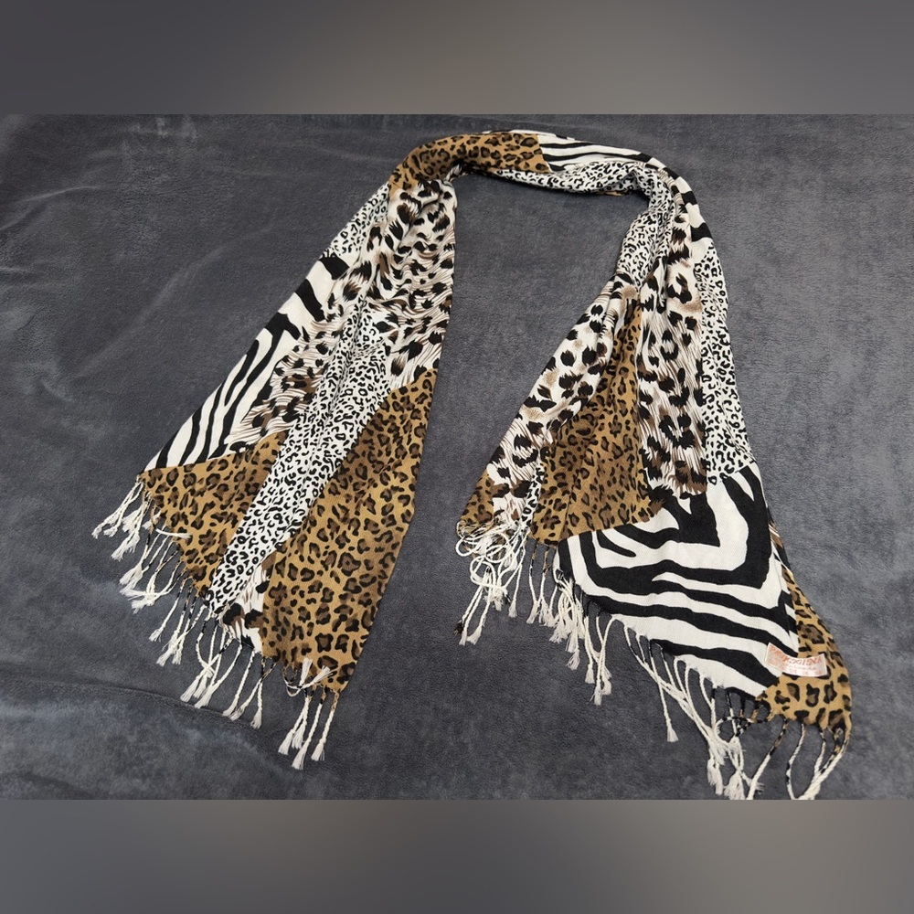 Pashmina Animal Print Scarf - Black, White, Brown